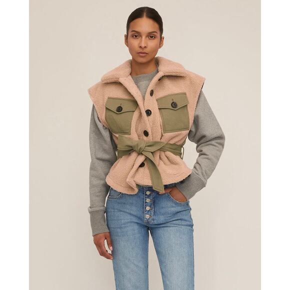 Marissa Webb Frankie Sherpa Twill XS Green Beige Drop Shoulder Vest Sash Belt - Picture 1 of 14